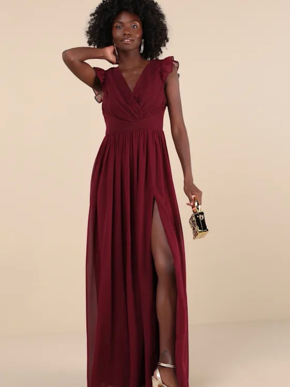 Lulu's Deep Burgundy V-Neck Ruffle Sleeve Maxi Dress - Picture 1 of 3